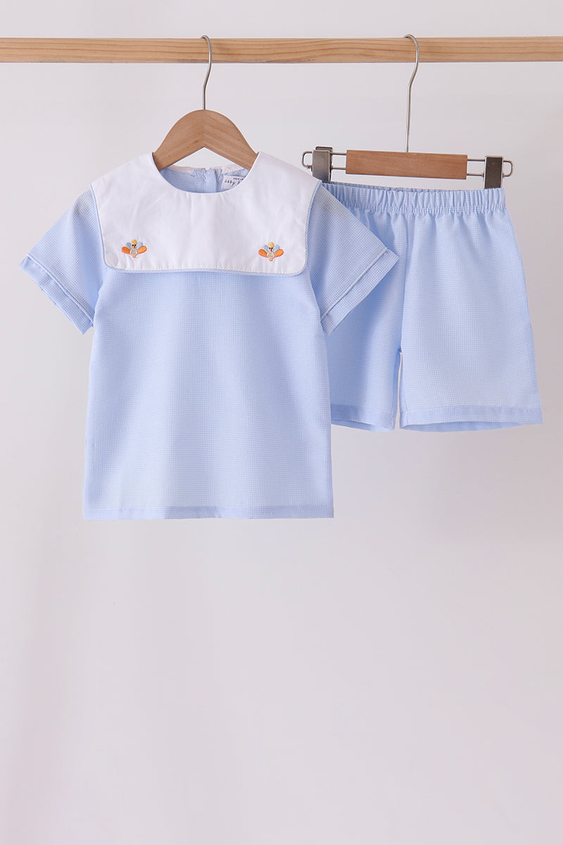 Blue Turkey Embroidery Shorts Set