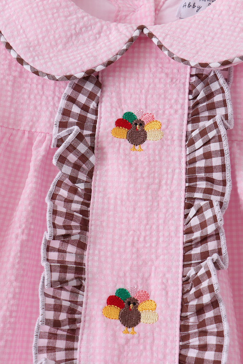Pink Turkey Embroidery Ruffle Gingham Pants Set