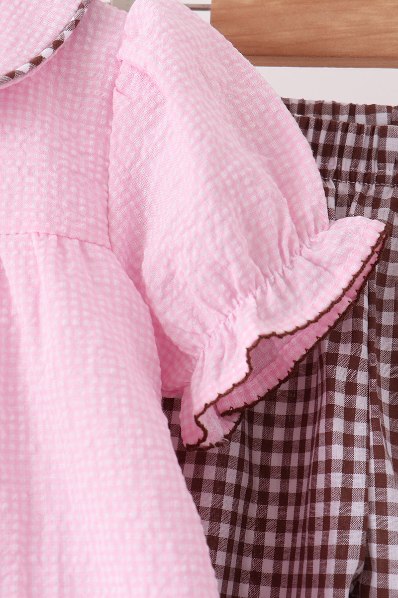 Pink Turkey Embroidery Ruffle Gingham Pants Set