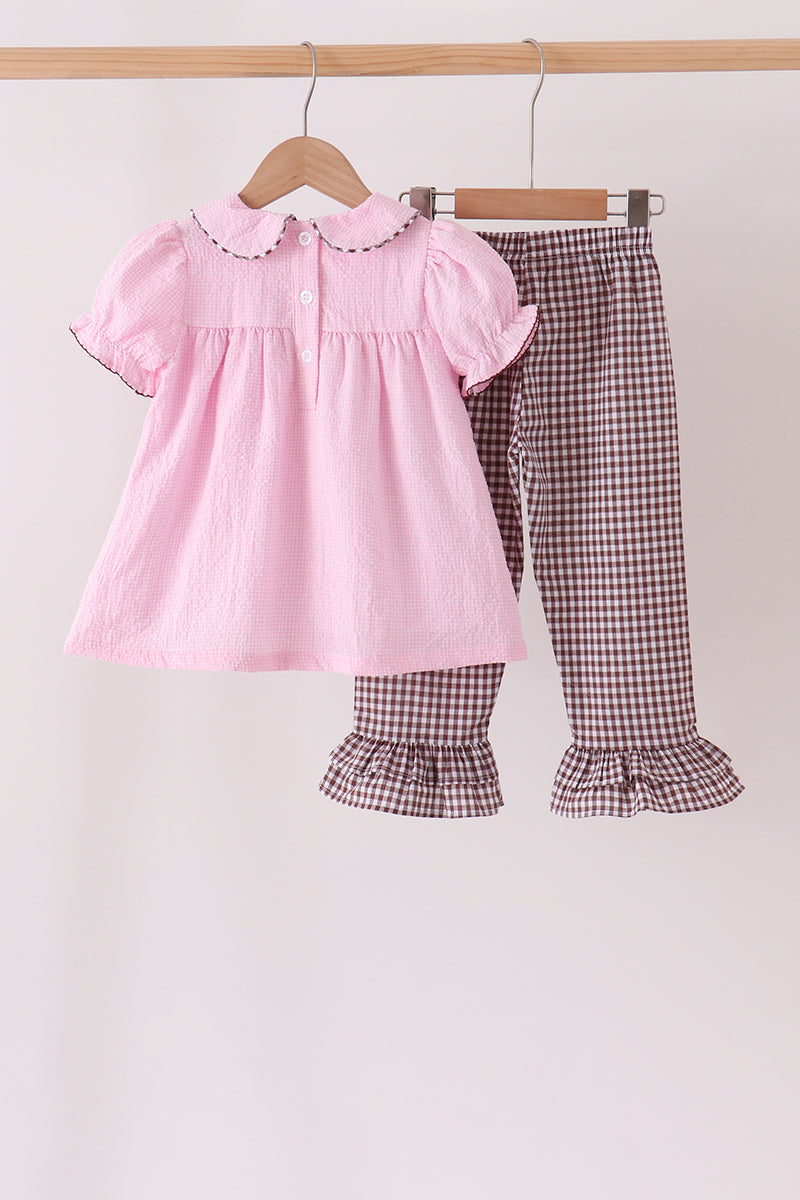 Pink Turkey Embroidery Ruffle Gingham Pants Set