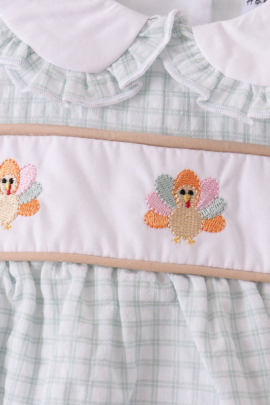 Green Plaid Turkey Embroidery Ruffle Bubble