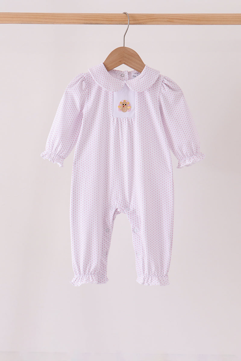 Pink Dot Turkey Embroidery Ruffle Romper