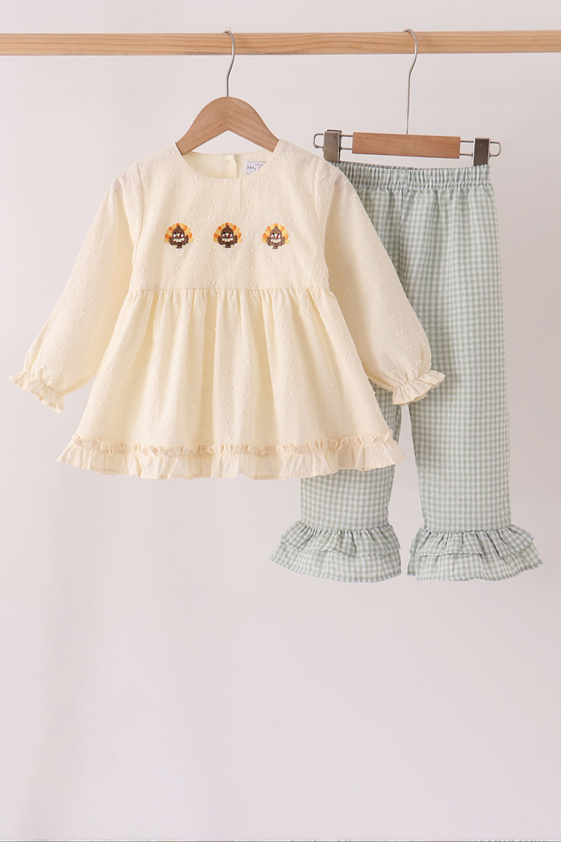 Beige Turkey Embroidery Ruffle Pants Set