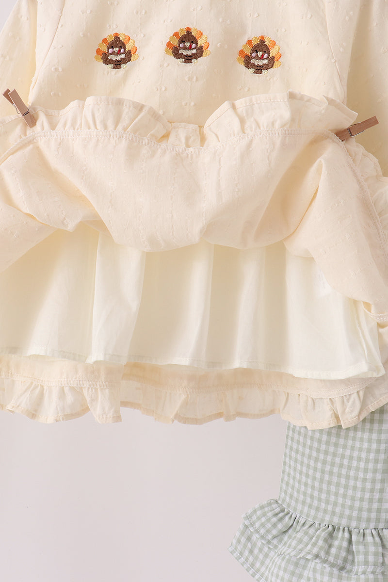 Beige Turkey Embroidery Ruffle Pants Set