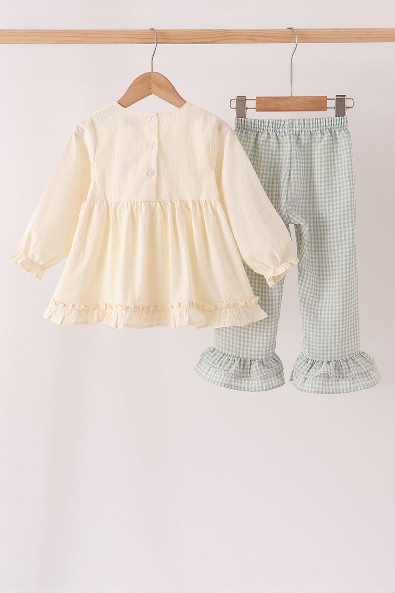 Beige Turkey Embroidery Ruffle Pants Set